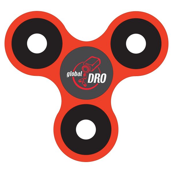 Red Global DRO branded fidget spinner.