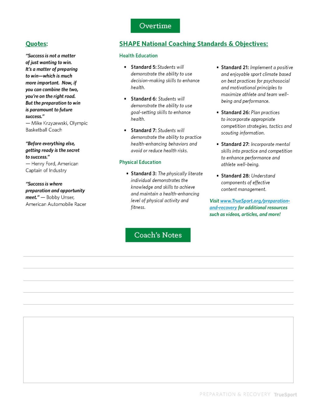 Preparation & Recovery Lesson Standards