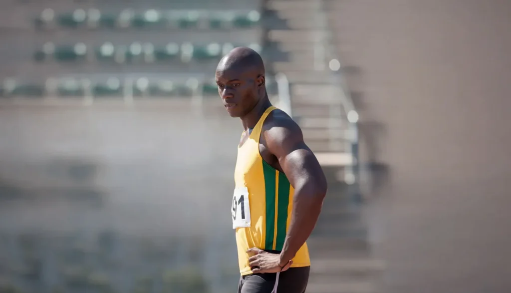 Athlete in a yellow and green uniform preparing for a track event, representing clean sport and athlete development.