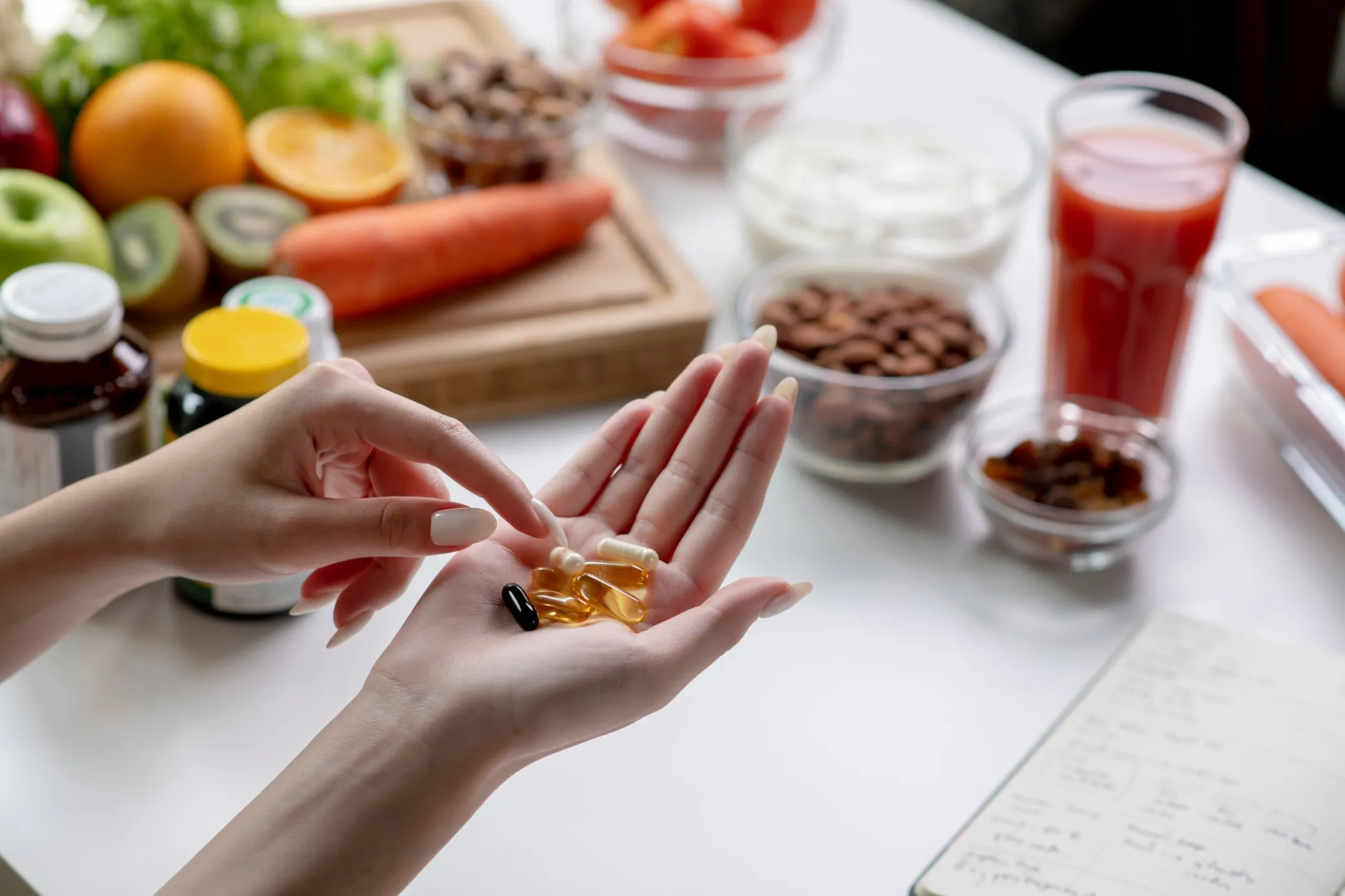 Hand holding various pills with fruits, vegetables, and juice in the background.